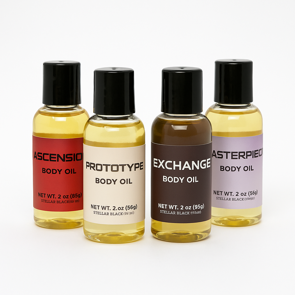 Four bottles of body oil with different labels displayed side by side on a white background.